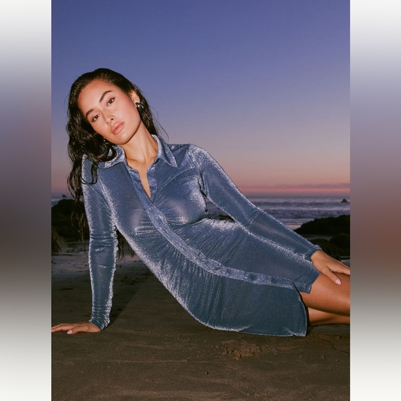 NWT Anthropologie Long Sleeve Sheer Mesh Ruched Mini Dress - Picture 3 of 3